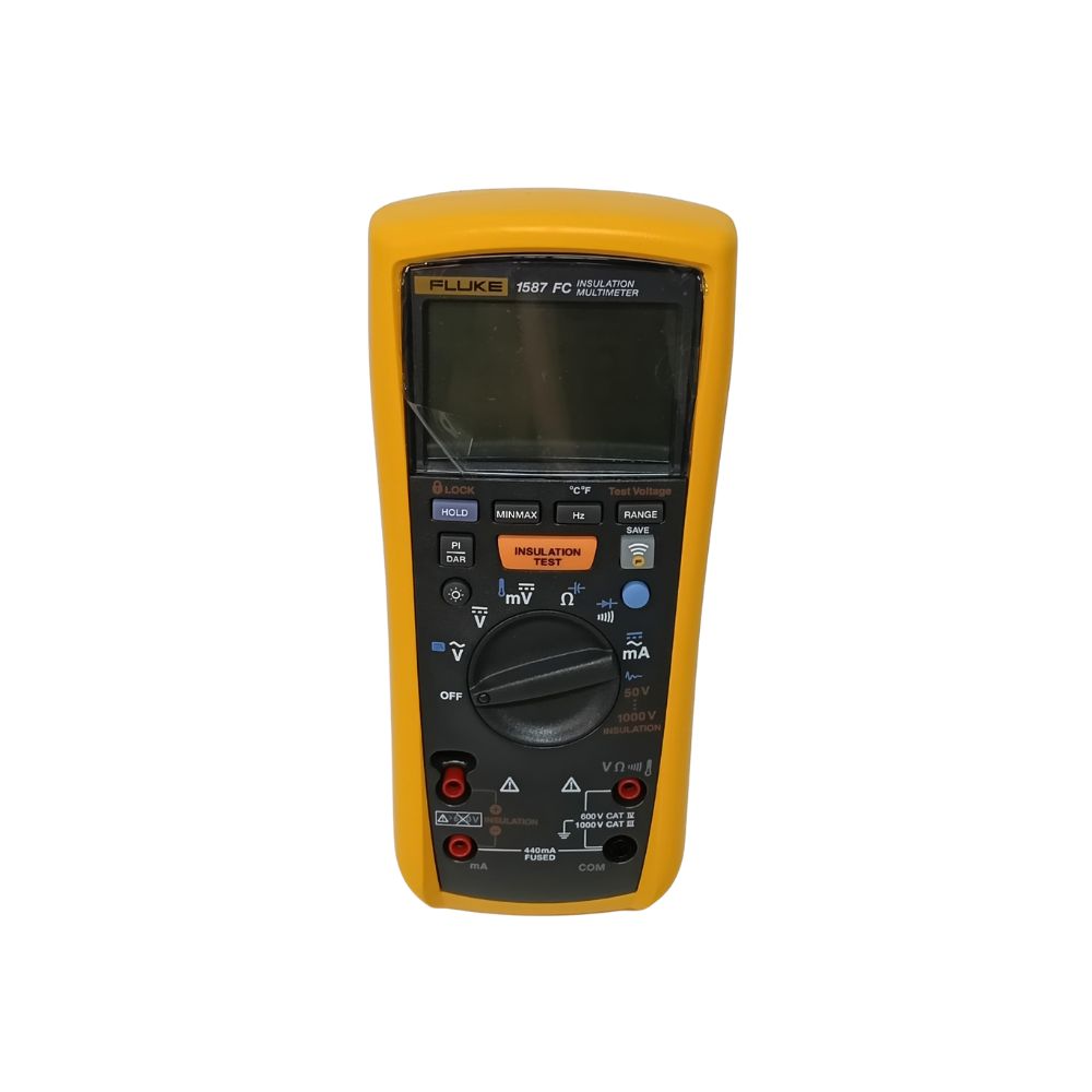 Front view of Fluke 1587 FC insulation multimeter with insulation test button and rotary dial