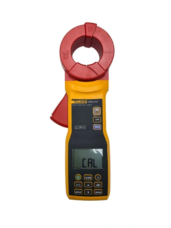 Front view of Fluke 1630-2 FC Earth Ground Clamp tester with open jaw and CAL on display