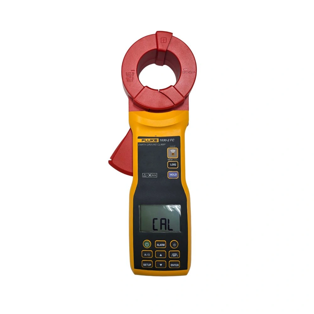 Front view of Fluke 1630-2 FC Earth Ground Clamp tester with open jaw and CAL on display
