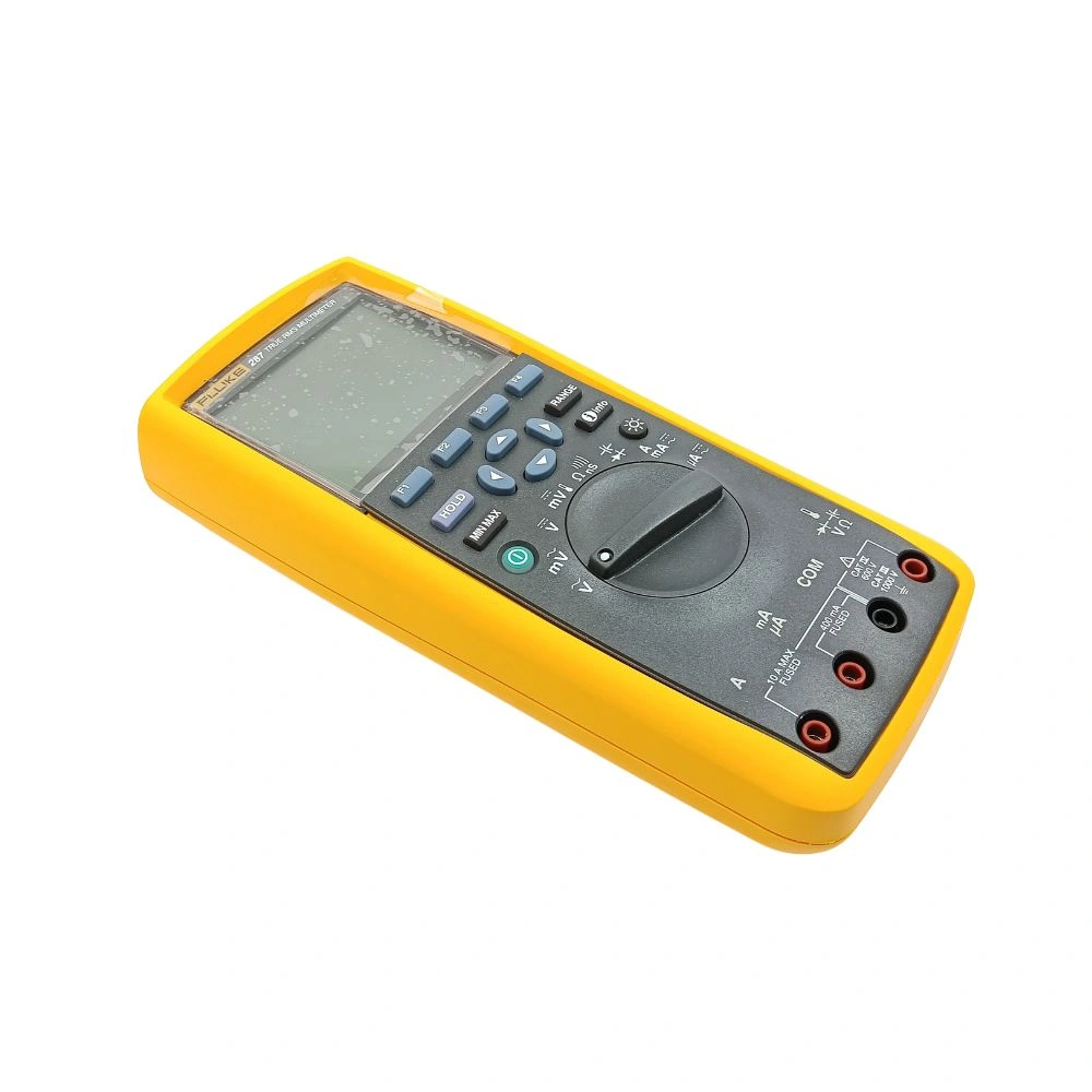 Angled view of Fluke 287 True RMS multimeter with keypad and input jacks