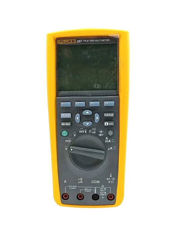 Front view of Fluke 287 True RMS logging digital multimeter with display, rotary dial and input terminals
