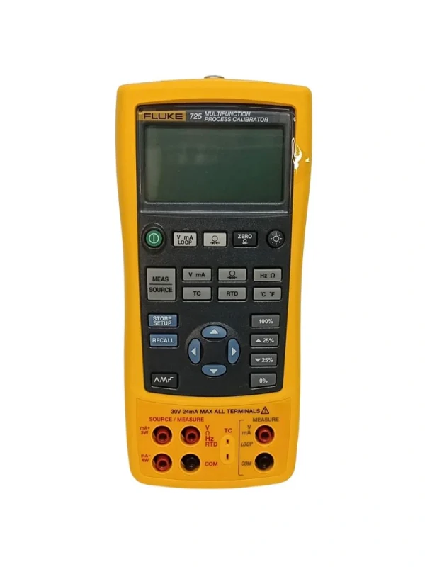 Front view of Fluke 725 Multifunction Process Calibrator with keypad, display and measurement terminals