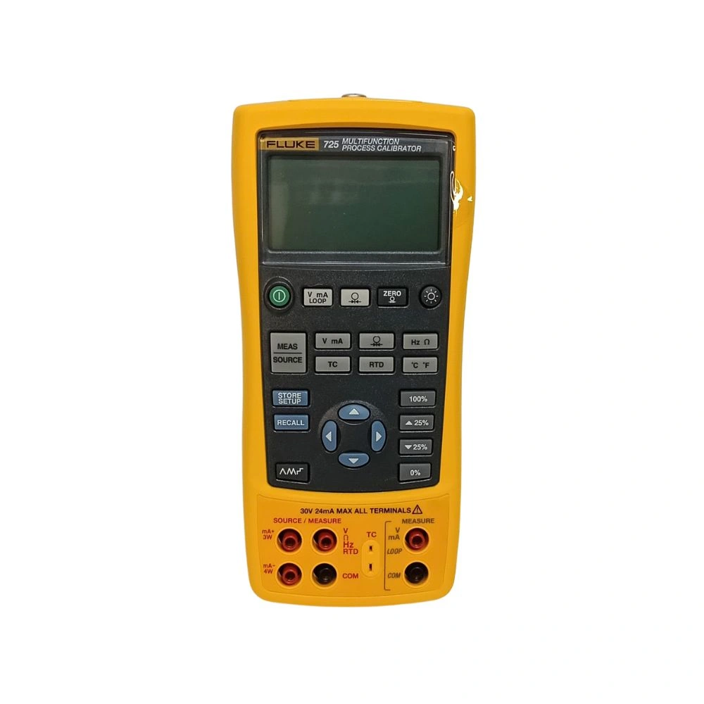 Front view of Fluke 725 Multifunction Process Calibrator with keypad, display and measurement terminals