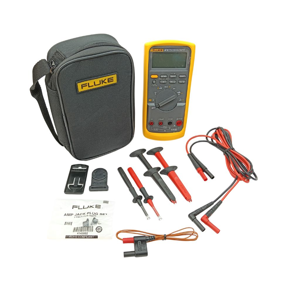 Fluke 87V MAX E2 Industrial Electrician Combo Kit with digital multimeter, soft case, test leads, and accessories