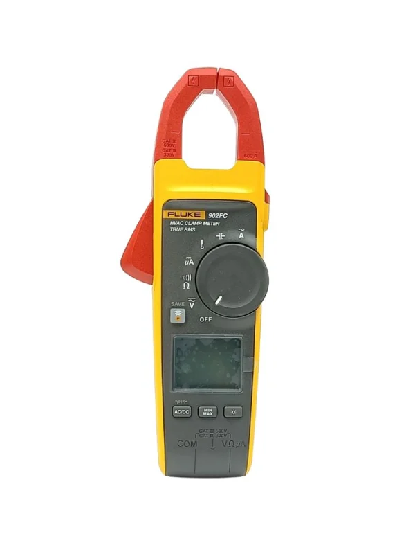 Front view of Fluke 902 FC HVAC True-RMS clamp meter with open jaw, rotary dial and display