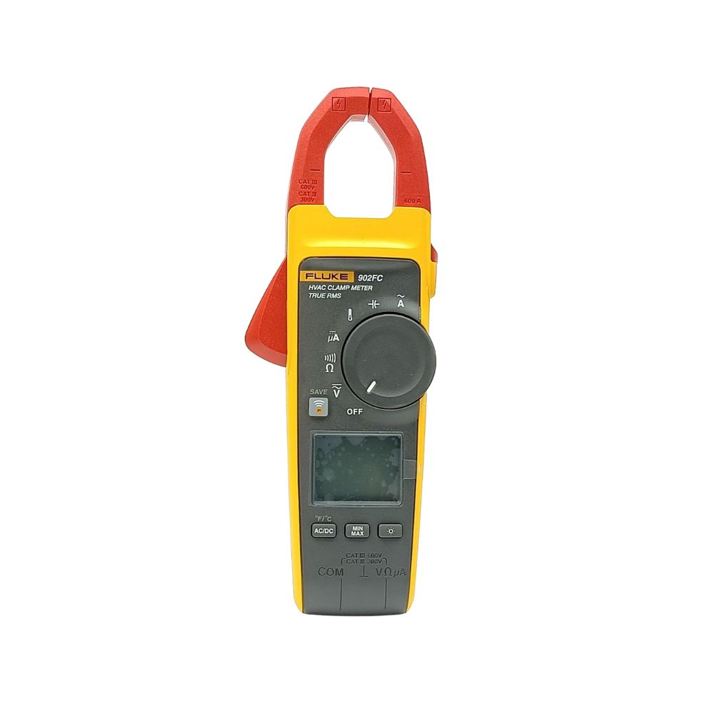 Front view of Fluke 902 FC HVAC True-RMS clamp meter with open jaw, rotary dial and display