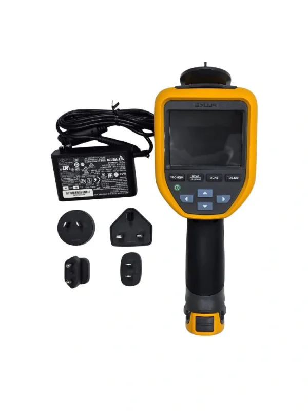 Fluke TiS20+ thermal camera kit with AC power adapter, charging cable, and international plug adapters