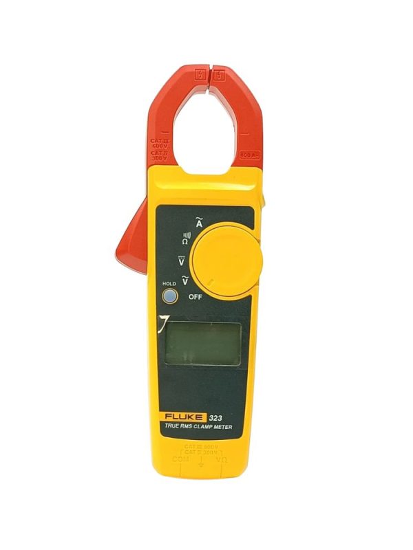 Fluke 323 True-RMS clamp meter front view with LCD display and Hold button