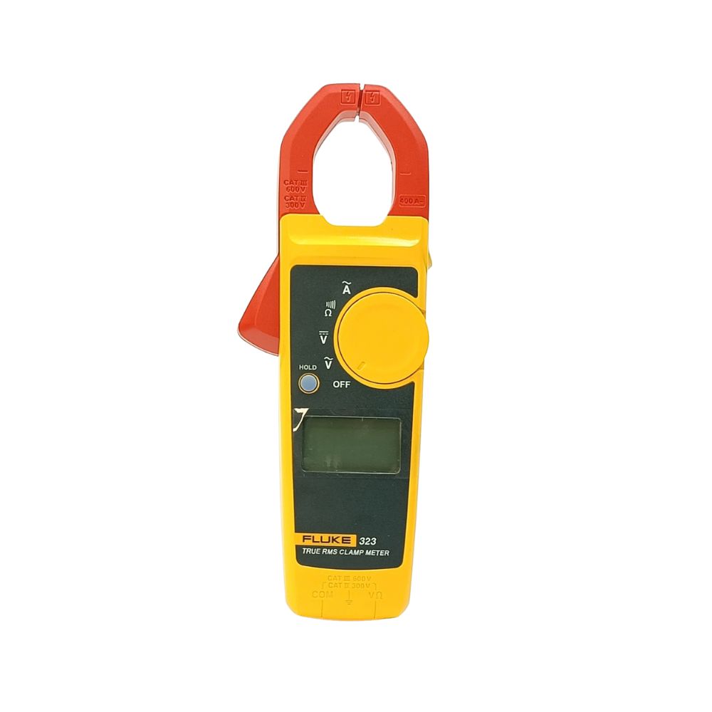 Fluke 323 True-RMS clamp meter front view with LCD display and Hold button