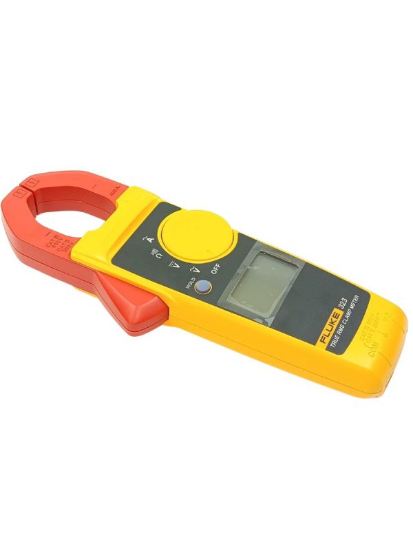 Fluke 323 True-RMS clamp meter angled view showing jaw, rotary dial and LCD display