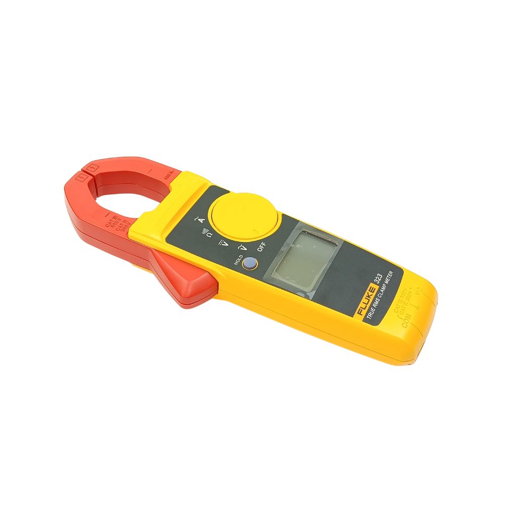 Fluke 323 True-RMS clamp meter angled view showing jaw, rotary dial and LCD display