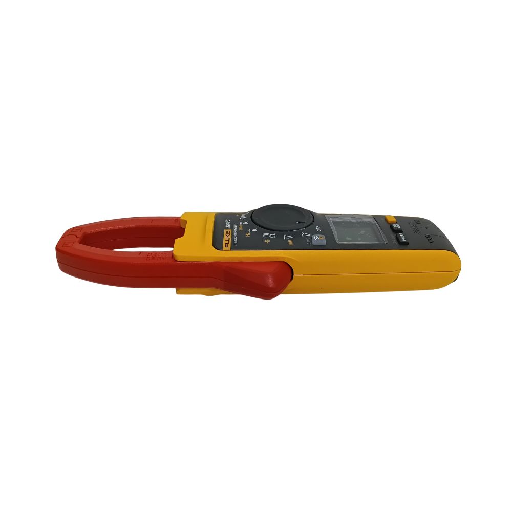 Fluke 376 FC clamp meter side profile view showing red jaw opening trigger and slim body design