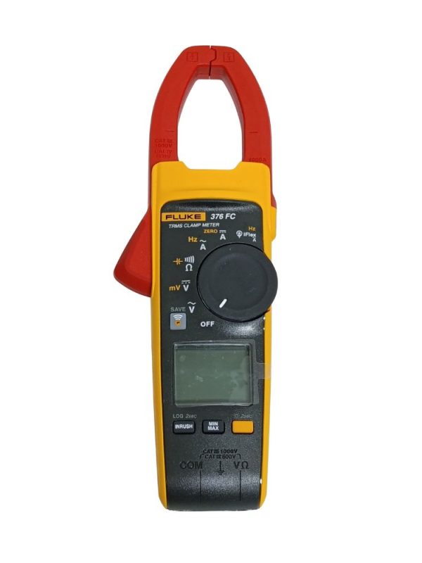 Fluke 376 FC True-RMS AC DC clamp meter front view with rotary dial and Fluke Connect wireless button