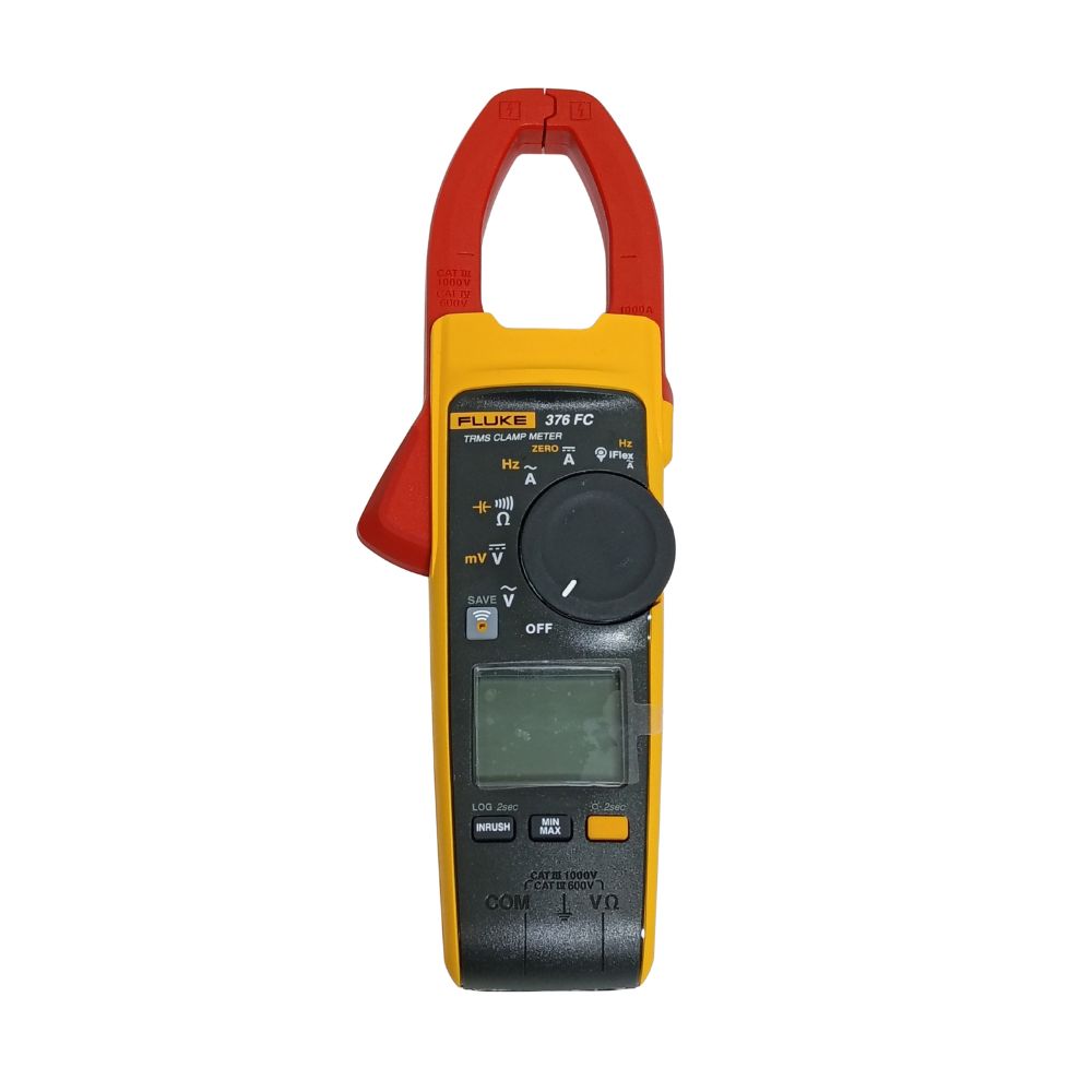 Fluke 376 FC True-RMS AC DC clamp meter front view with rotary dial and Fluke Connect wireless button
