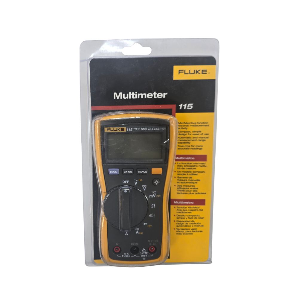 Fluke 115 True-RMS digital multimeter sealed in original retail blister packaging with specifications