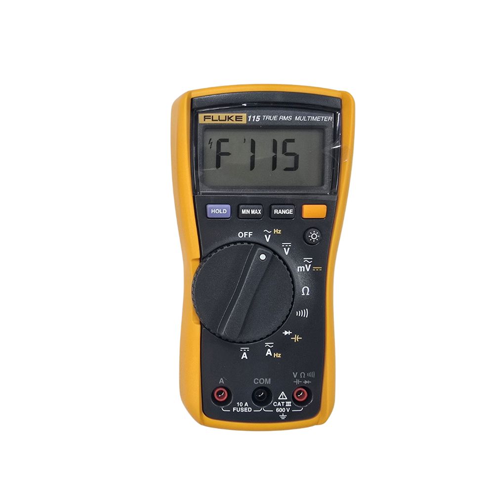 Front view of Fluke 115 compact True-RMS digital multimeter in transparent protective retail pack