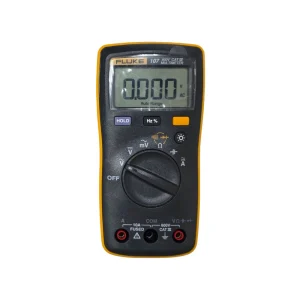 Front view of the Fluke 107 digital multimeter showing its LCD, measurement selector and test lead terminals