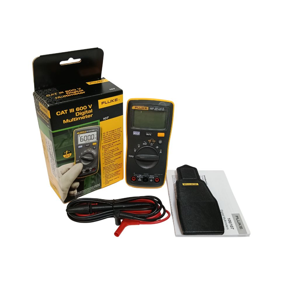 Fluke 107 CAT III 600 V digital multimeter kit with test leads, protective case, manual and retail packaging