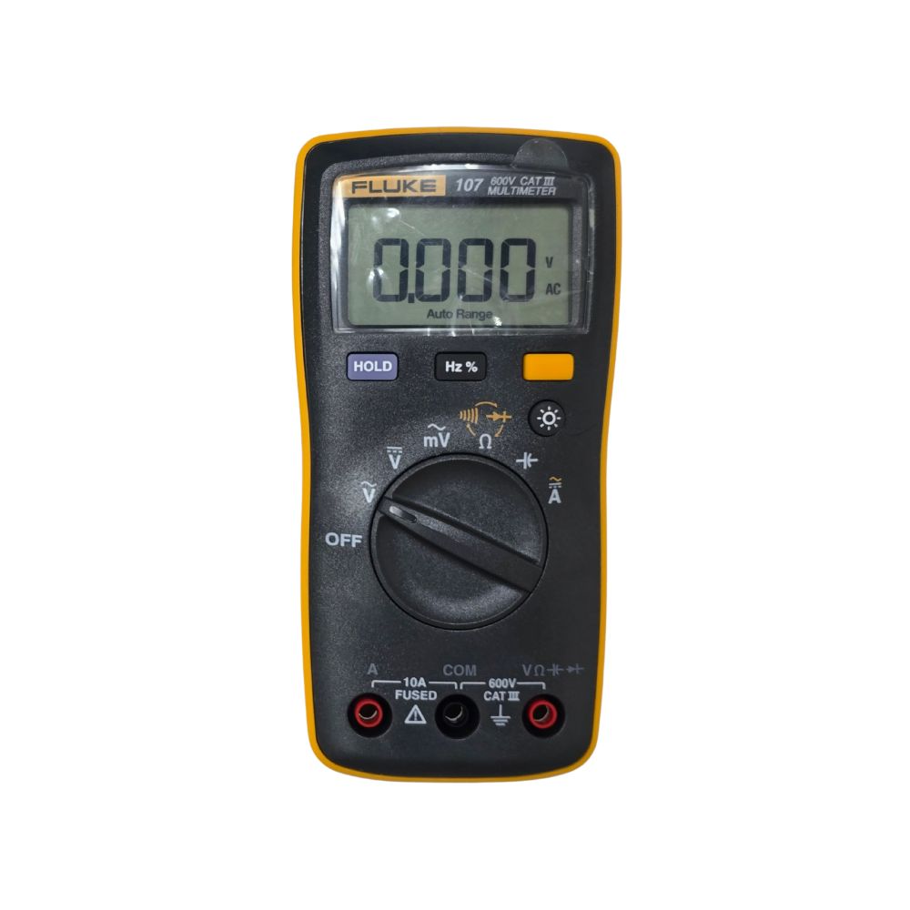 Front view of the Fluke 107 digital multimeter showing its LCD, measurement selector and test lead terminals